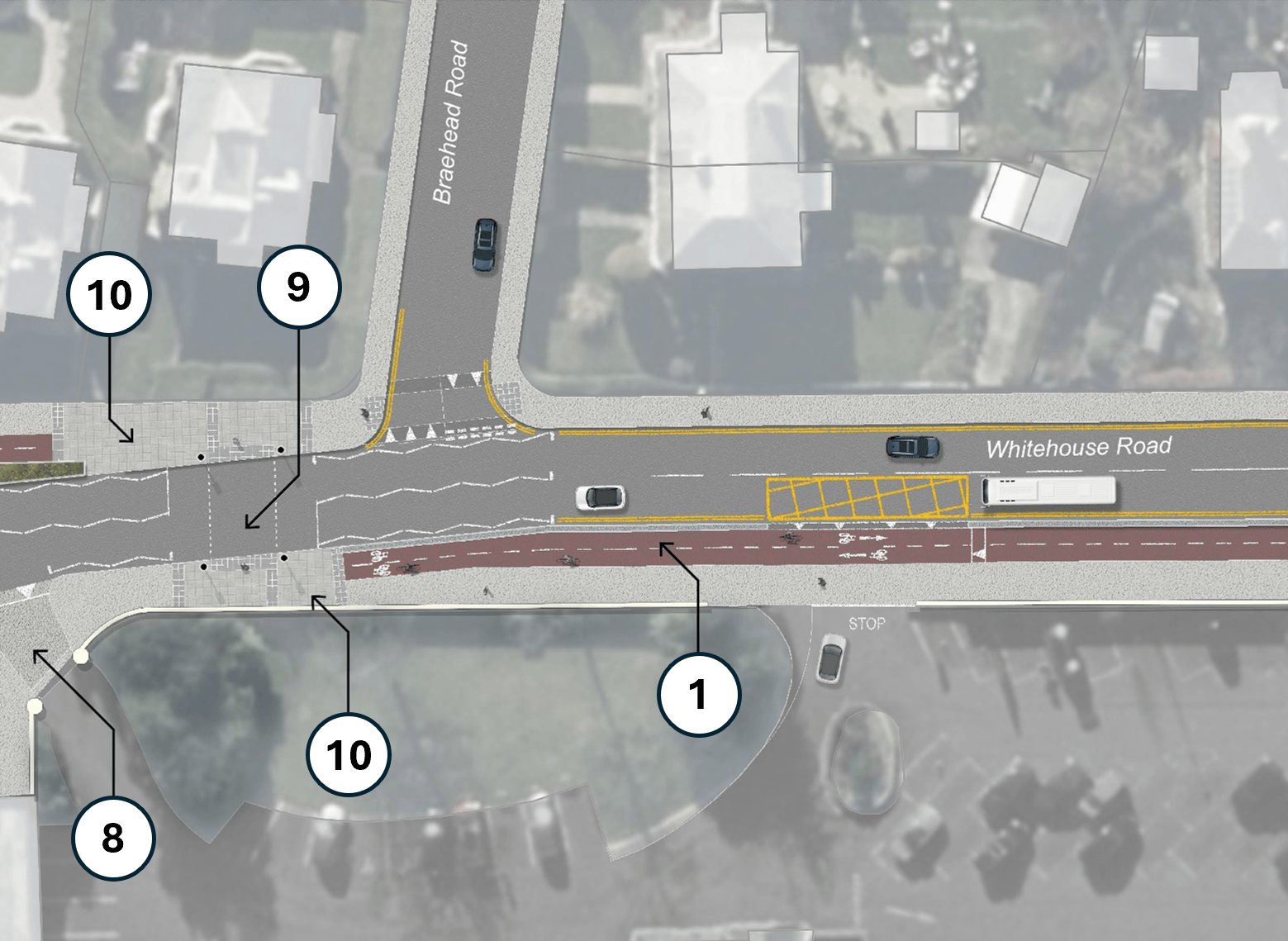 A mock-up aerial view shows plans to implement two-way protected cycling adjacent to the site of the tragic accident.