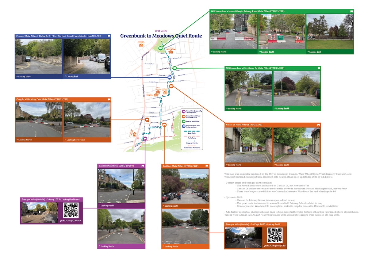 An annotated map showing a route through city streets with photographs at different points