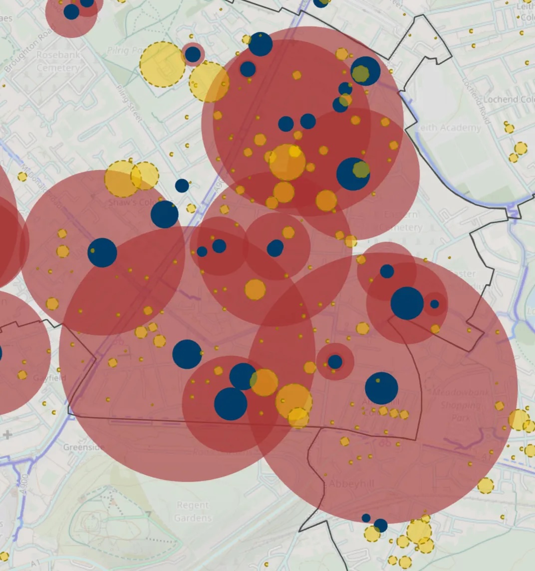 A cluster of map nodes near Easter road, demonstrating the enormous demand in this locality.