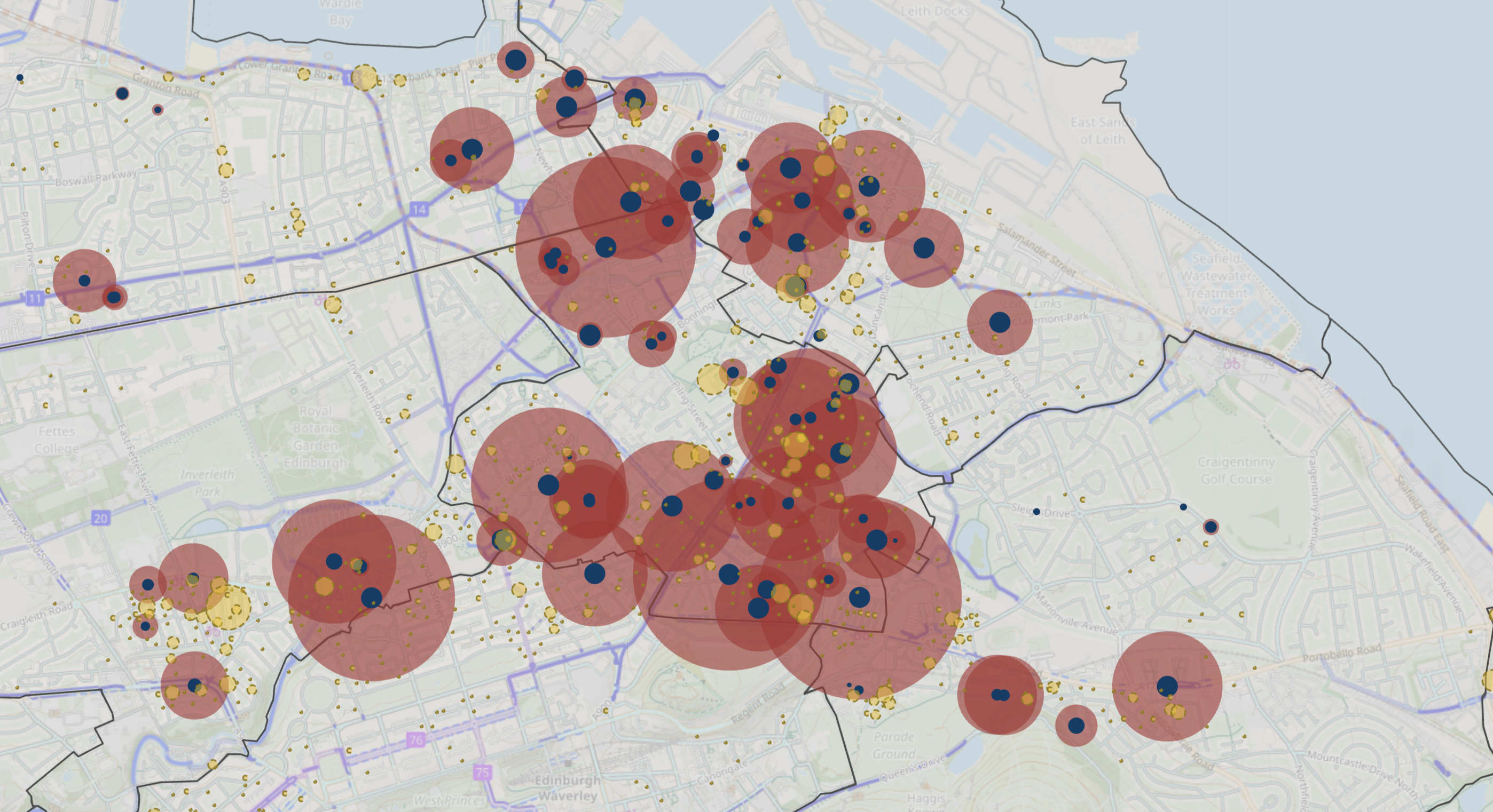 A map of Edinburgh with the demand for cycle hangar spaces plotted as circles of varying sizes, with the largest clusters on city centre streets and especially significant demand in the North East of the city
