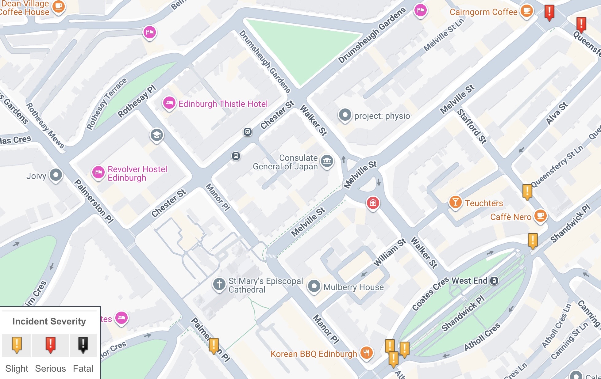 2024-25 crashmap visual of the area surrounding Melville Street; there are no pins indicating crashes on the road in question